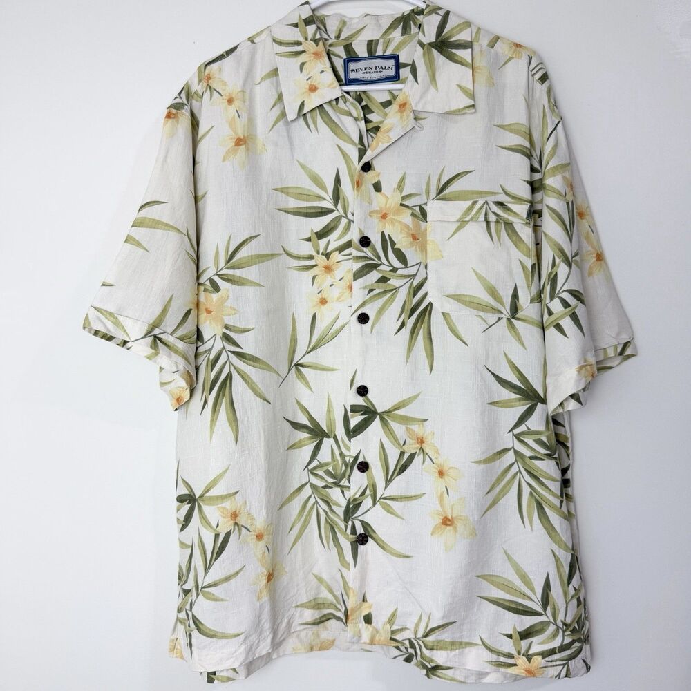 Seven Palm 100% Silk Hawaiian Tropical Floral Shirt Ivory Green Men’s XL